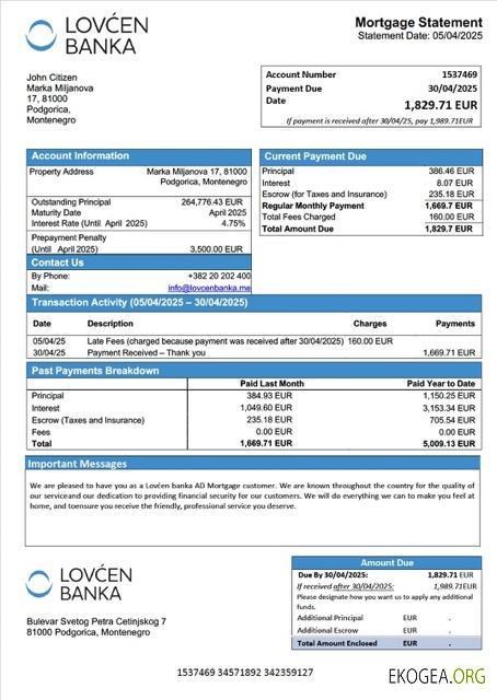 Monténégro Lovćen banka AD relevé hypothécaire Modèle Word et PDF